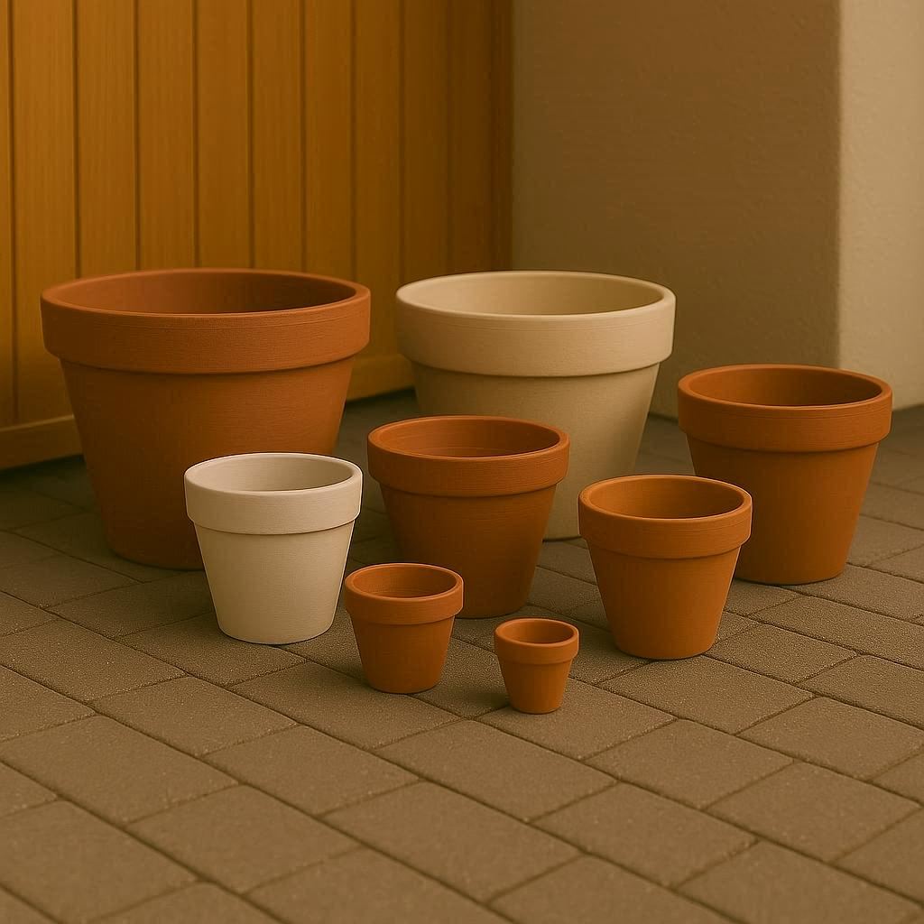 A collection of terracotta and ceramic pots of varying sizes on a patio