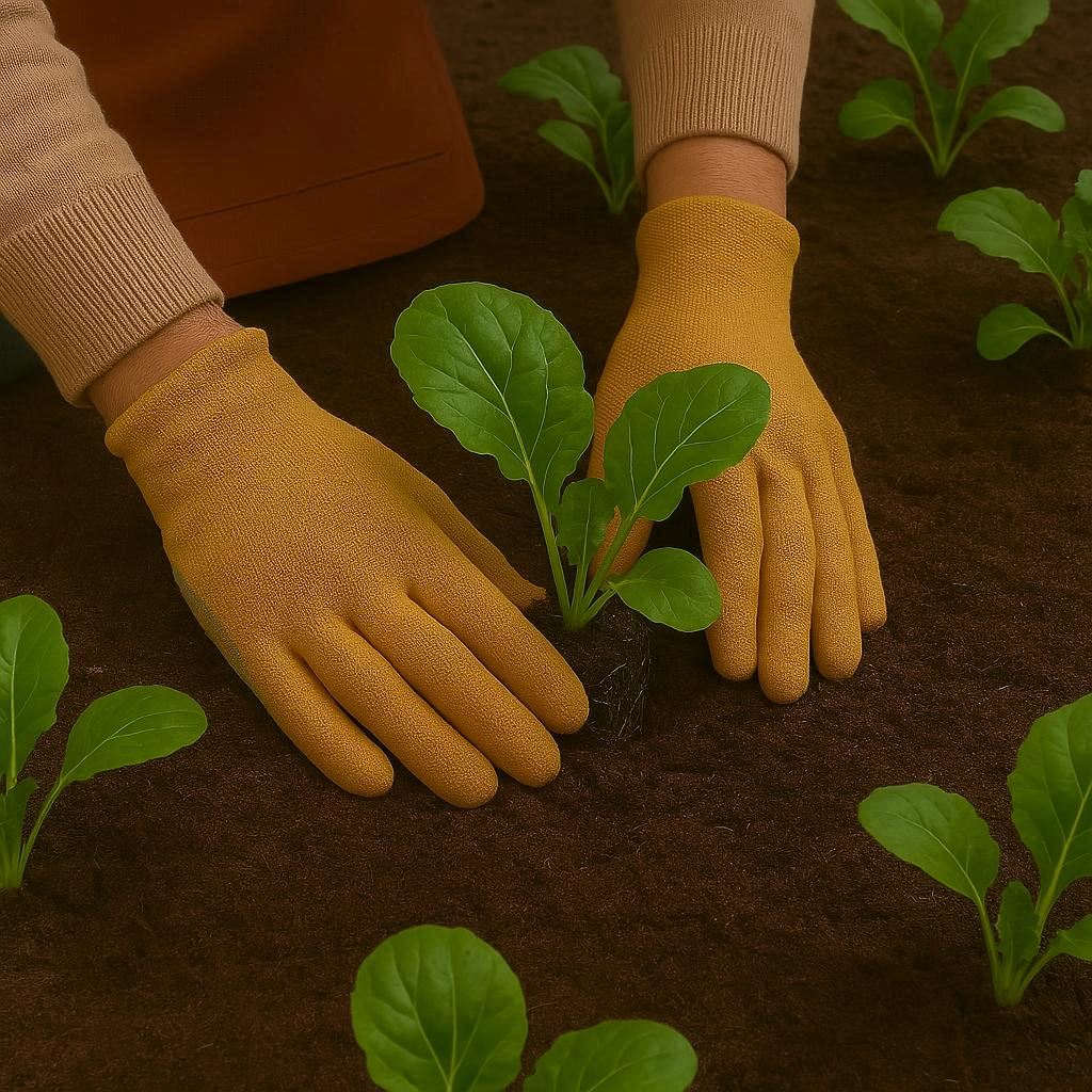 Close-up of hands planting vegetable seedlings in soil