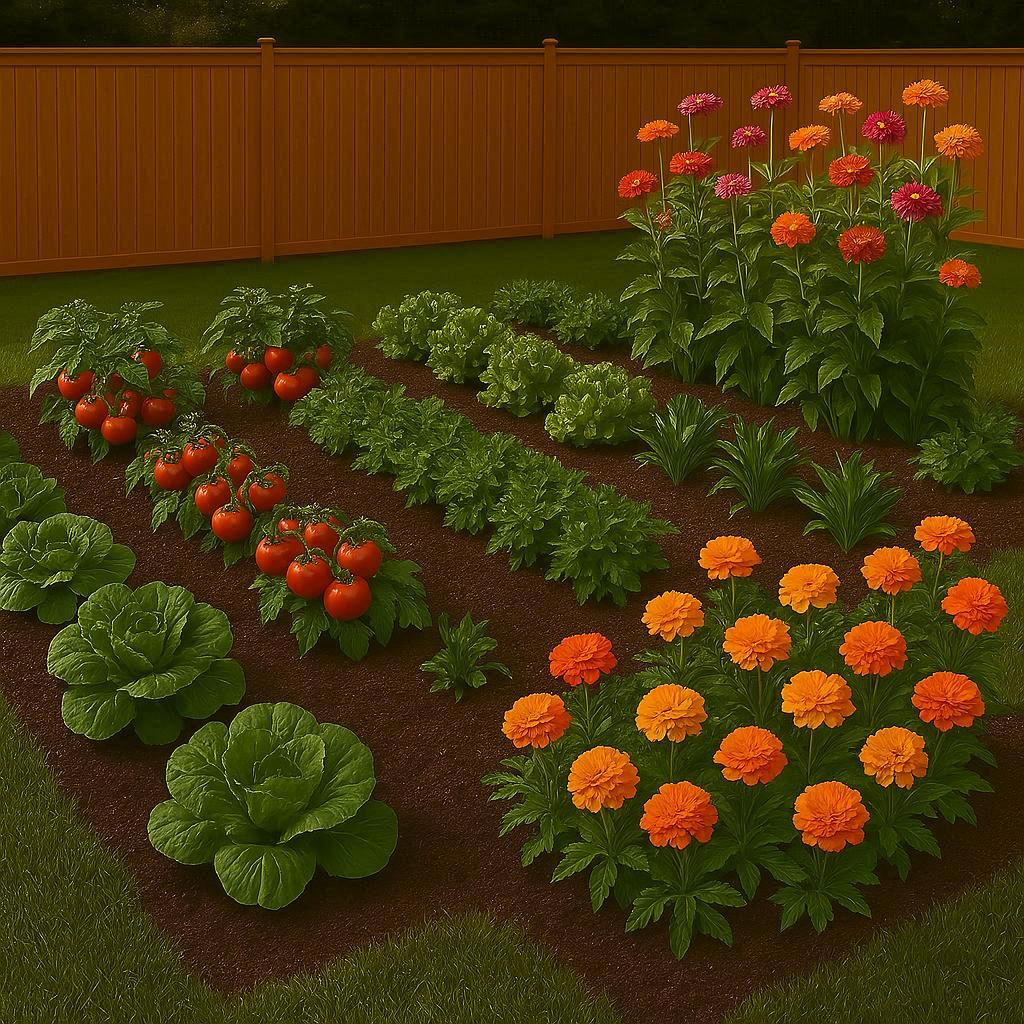 A lush home garden with flowers and vegetables, vibrant and well-maintained