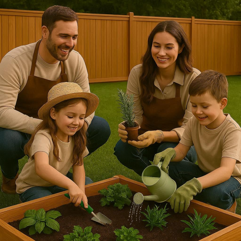 Happy family gardening together in a backyard