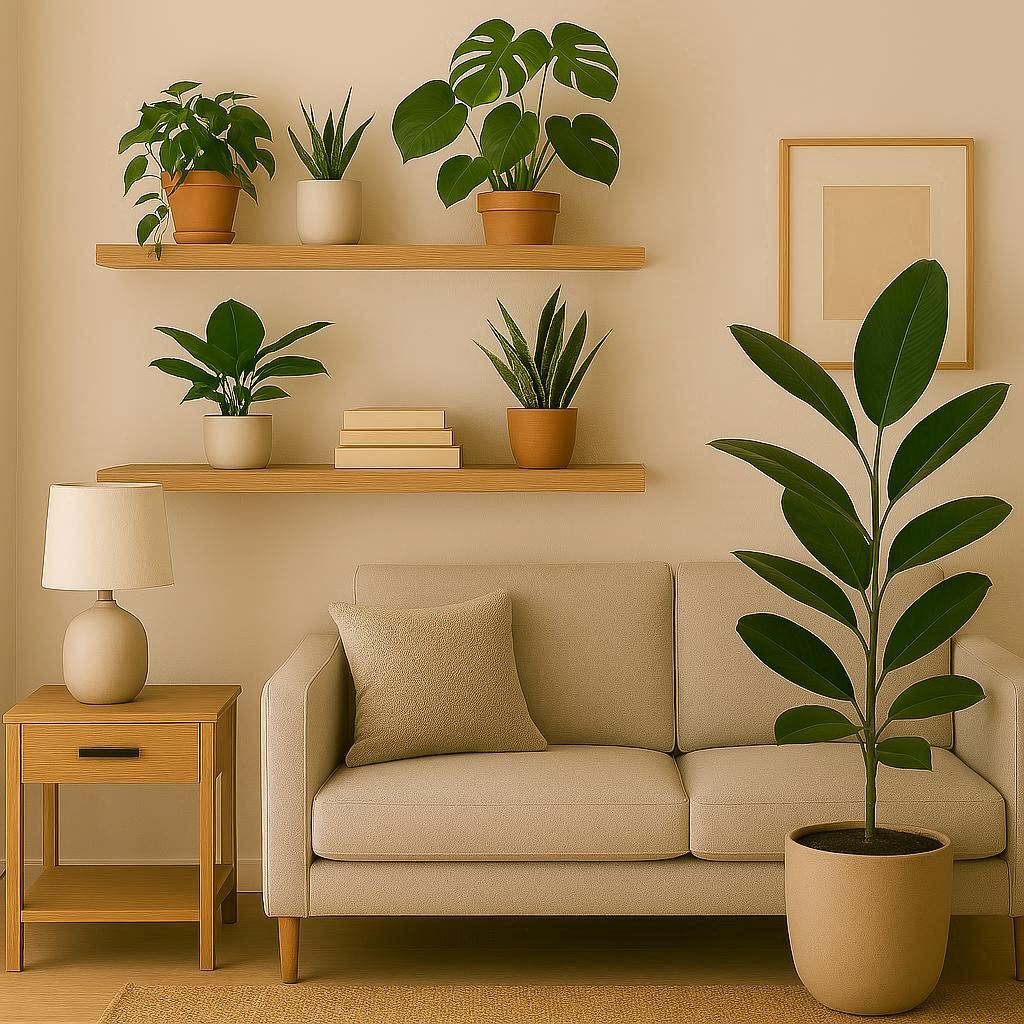 A stylish living room with potted indoor plants on shelves
