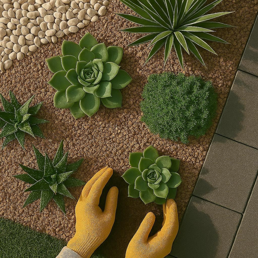 A modern low-maintenance garden with succulents and stones