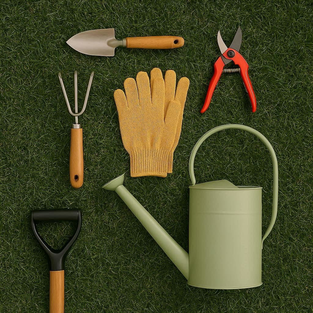 A flat lay of essential gardening tools on grass