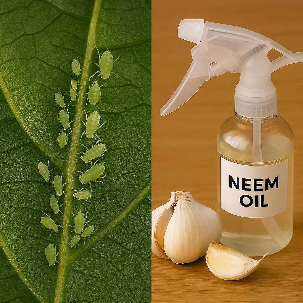 Close-up of garden pests like aphids and natural remedies beside them