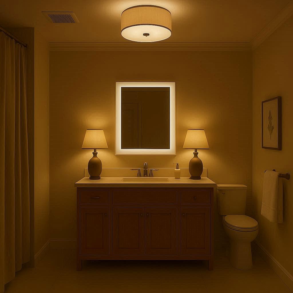 Bathroom lighting and ventilation design showing multiple light sources and exhaust fan