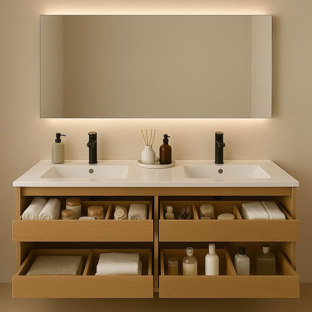 Bathroom vanity design with ample storage and functional organization features