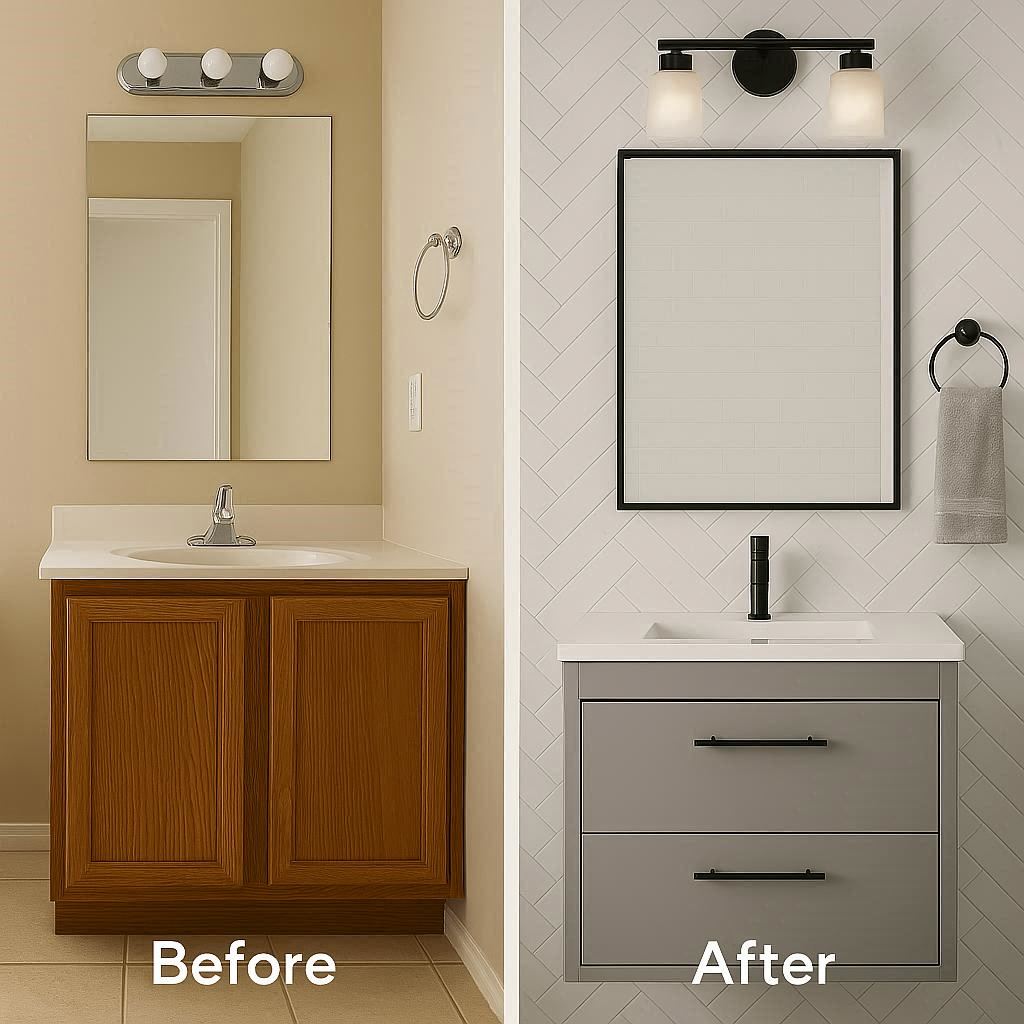 Complete bathroom remodel transformation with new walk-in shower, vanity, and flooring
