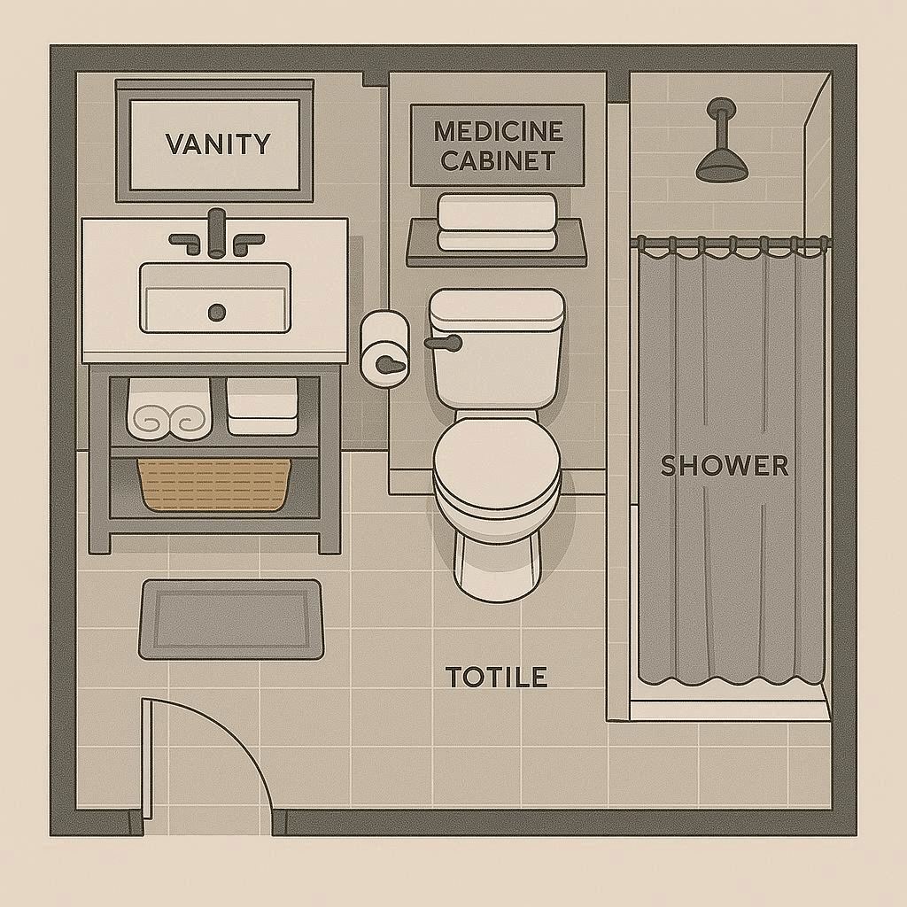 Space-efficient small bathroom layout with optimal clearance measurements