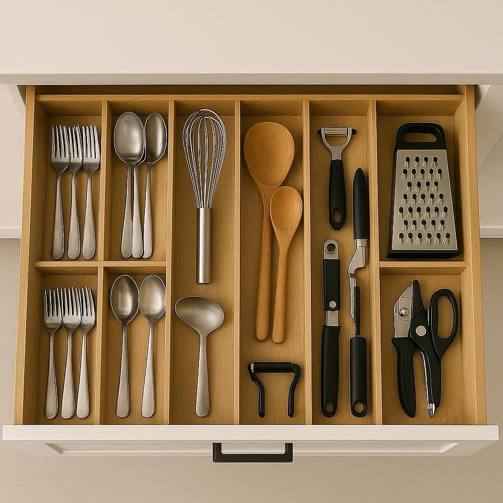Kitchen drawer organization using custom dividers for optimal utensil storage