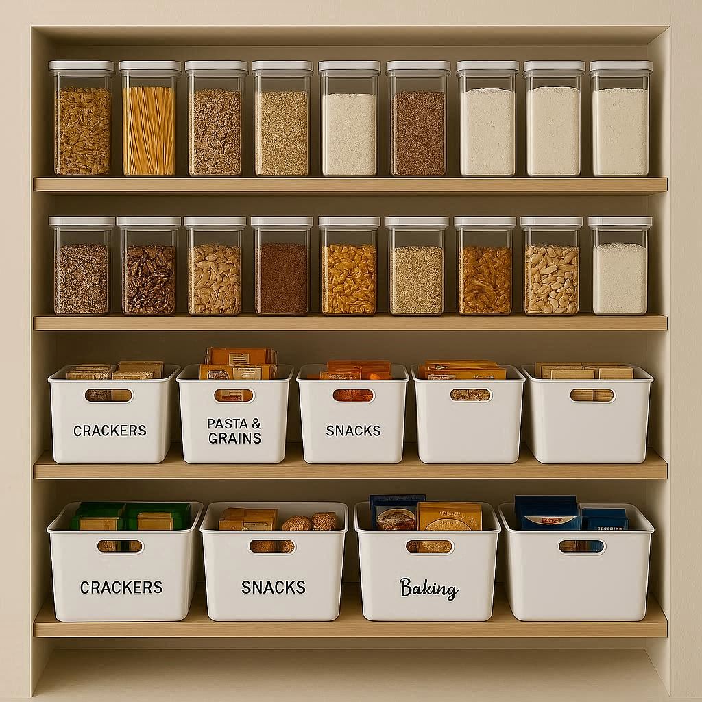 Beautifully organized pantry with uniform containers and clear labeling system