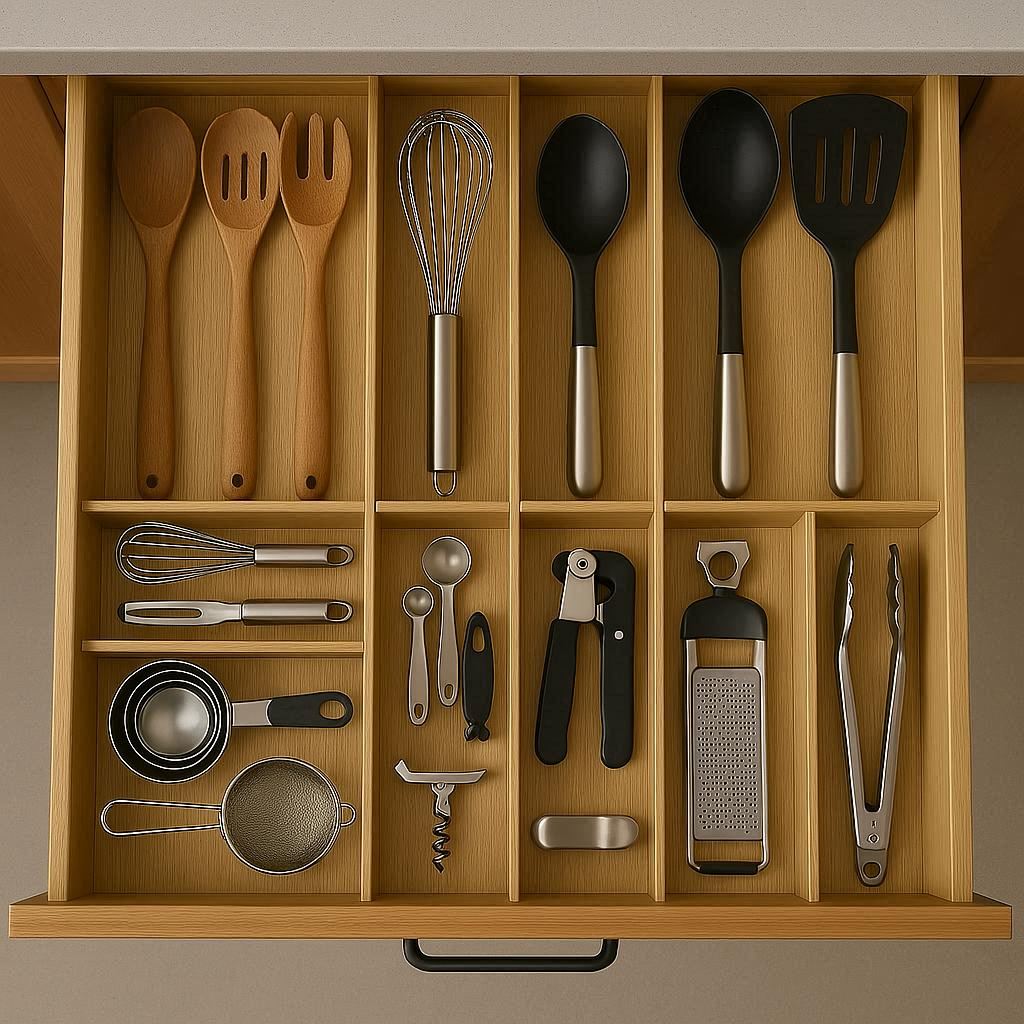 Kitchen drawer organization using custom dividers for optimal utensil storage