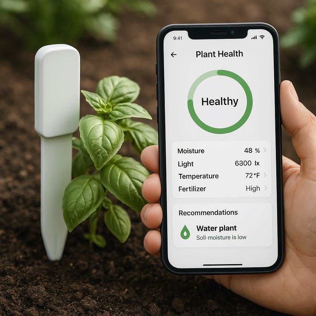AI-powered garden sensor monitoring plant health and providing care recommendations