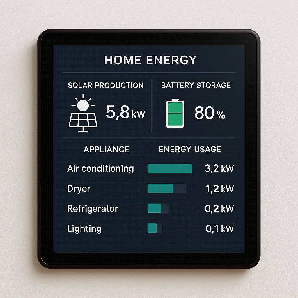 Smart home energy management system monitoring renewable energy production and consumption
