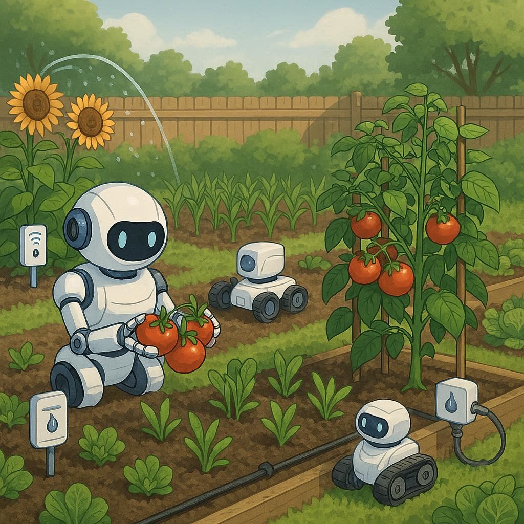 Smart garden ecosystem featuring AI sensors and automated maintenance technology