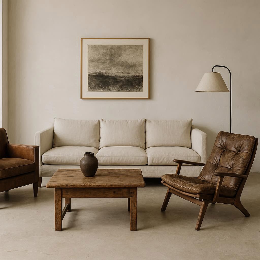 Slow home interior featuring well-made furniture and meaningful decorative objects