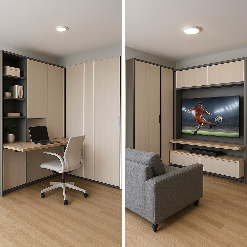 Adaptive living space demonstrating convertible furniture and flexible room divisions