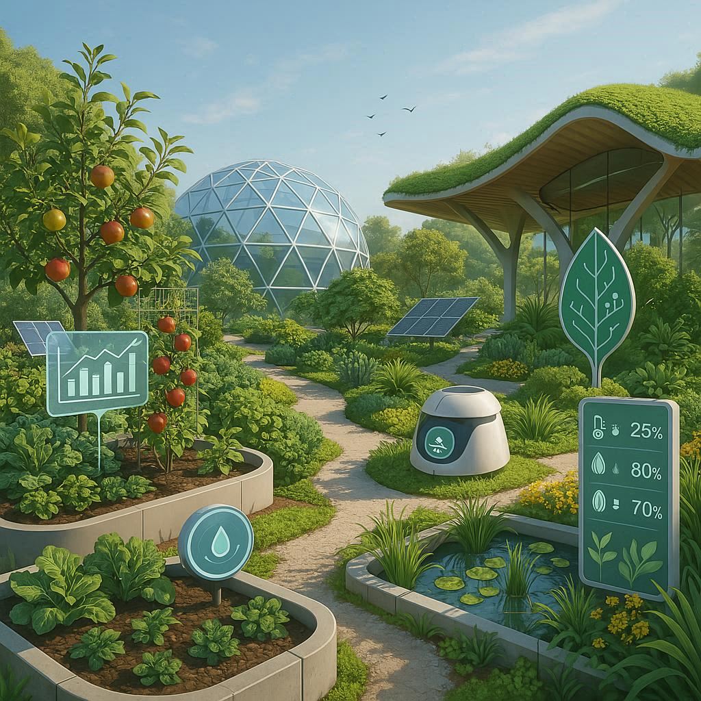Next-generation garden design featuring smart irrigation, edible plants, and sustainable materials