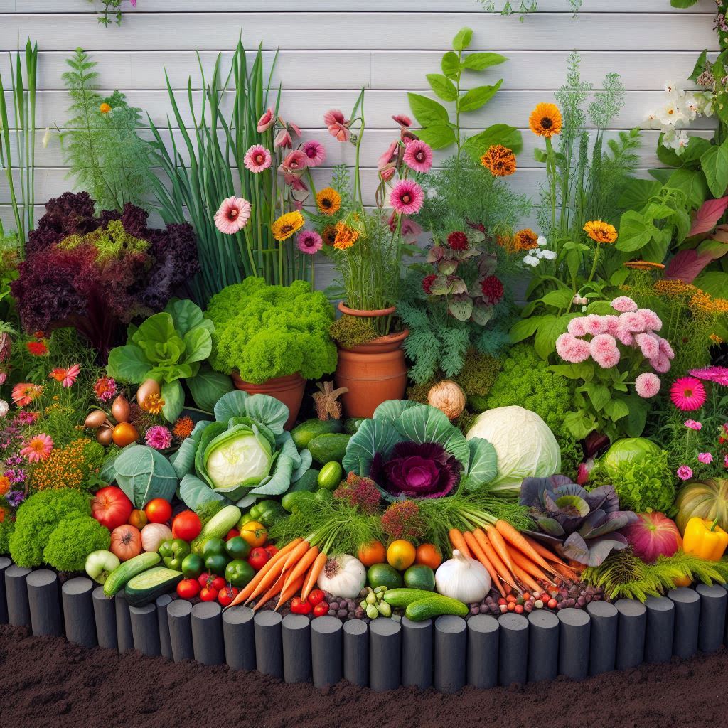 Ornamental edible landscape featuring colorful vegetables integrated with flowering plants