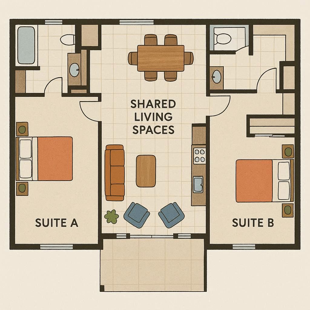 Multi-generational home design with private suites and common areas