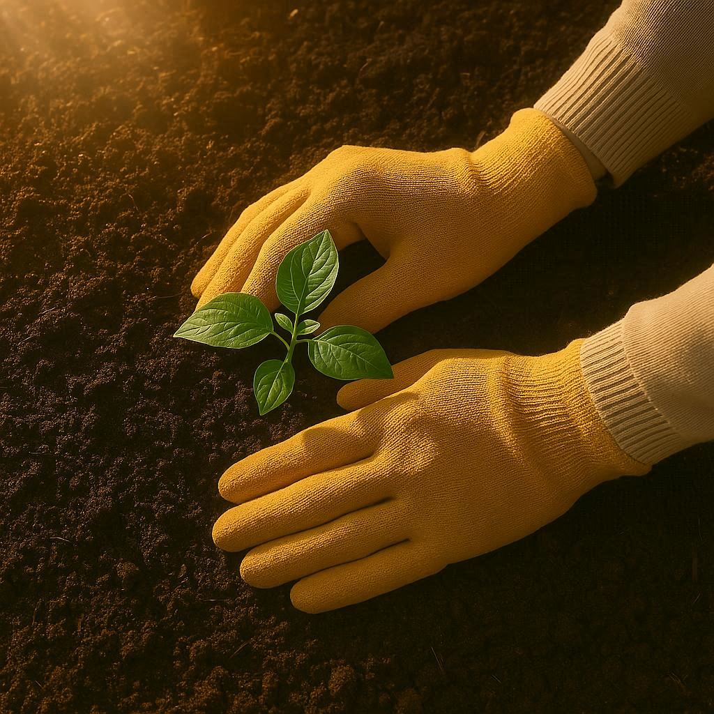 The hands of a gardener planting the beginnings of a new garden, symbolizing growth and care