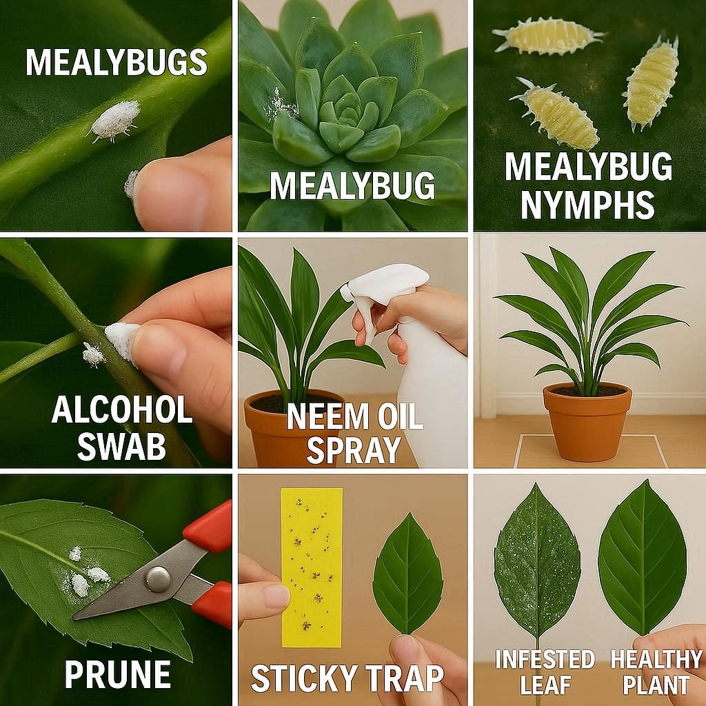 identifying mealybugs on houseplants, how to get rid of mealybugs naturally, mealybug infestation signs, DIY mealybug control for indoor plants, houseplant pest control tips, organic solutions for mealybugs