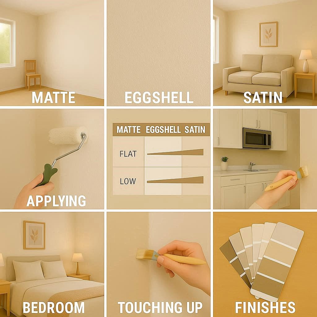 choosing the right paint finish, matte vs eggshell vs satin, best paint finish for walls, eggshell paint advantages, satin paint benefits, DIY home painting tips, affordable wall painting guide