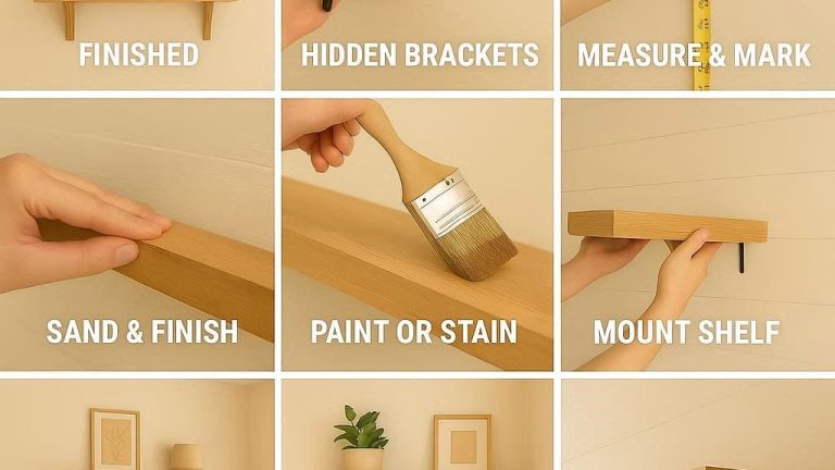 how to build floating shelves, DIY floating shelves installation guide, budget-friendly floating shelves, hidden bracket shelves DIY, floating shelf project step by step, DIY wall-mounted shelves tutorial