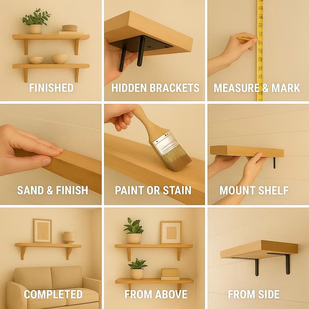 how to build floating shelves, DIY floating shelves installation guide, budget-friendly floating shelves, hidden bracket shelves DIY, floating shelf project step by step, DIY wall-mounted shelves tutorial